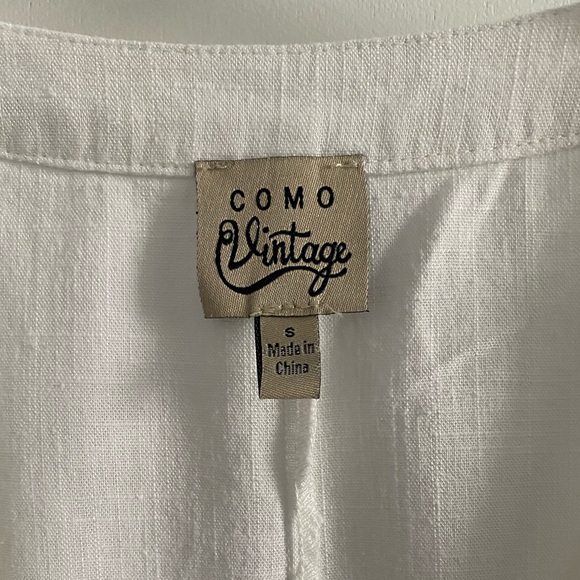 Como Vintage white summer v-neck top w/ front tie, rayon linen - Picture 9 of 9